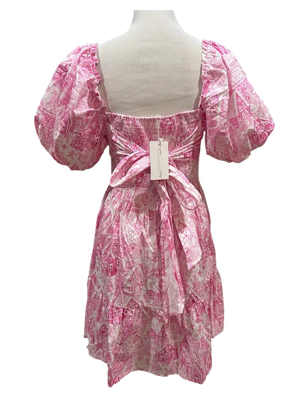 Kathleen Maeve Pink Gingerbread Print Puff Sleeve Dress Size Large NWT - Picture 2 of 5